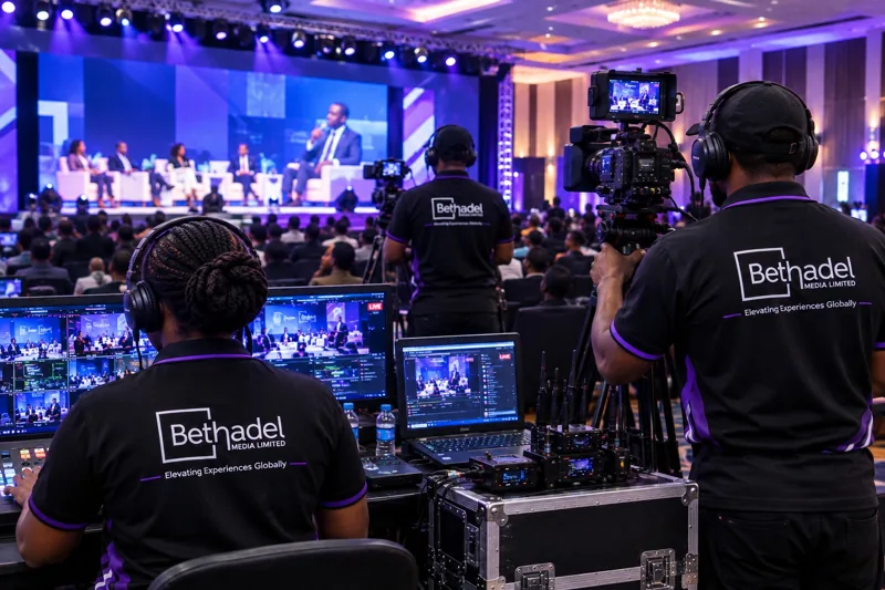 Bethadel livestream crew with cameras and a multi-feed control desk during a panel