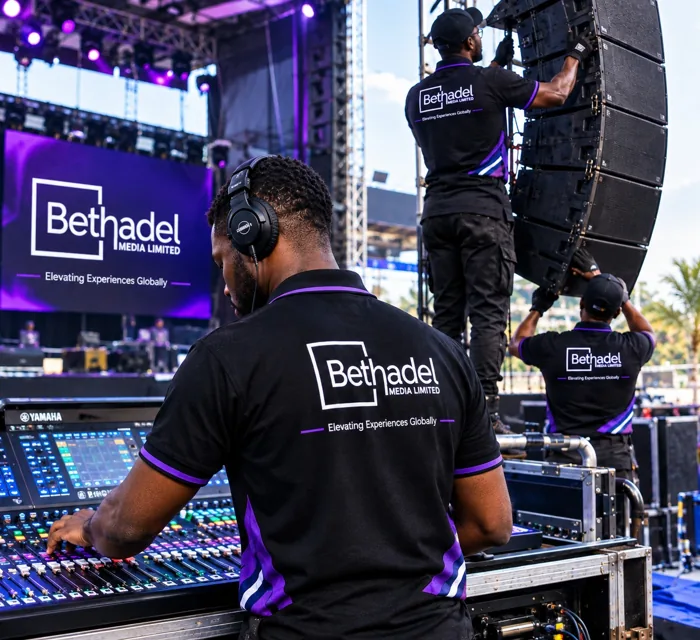 Bethadel sound engineer at the mixing desk while a line array is rigged